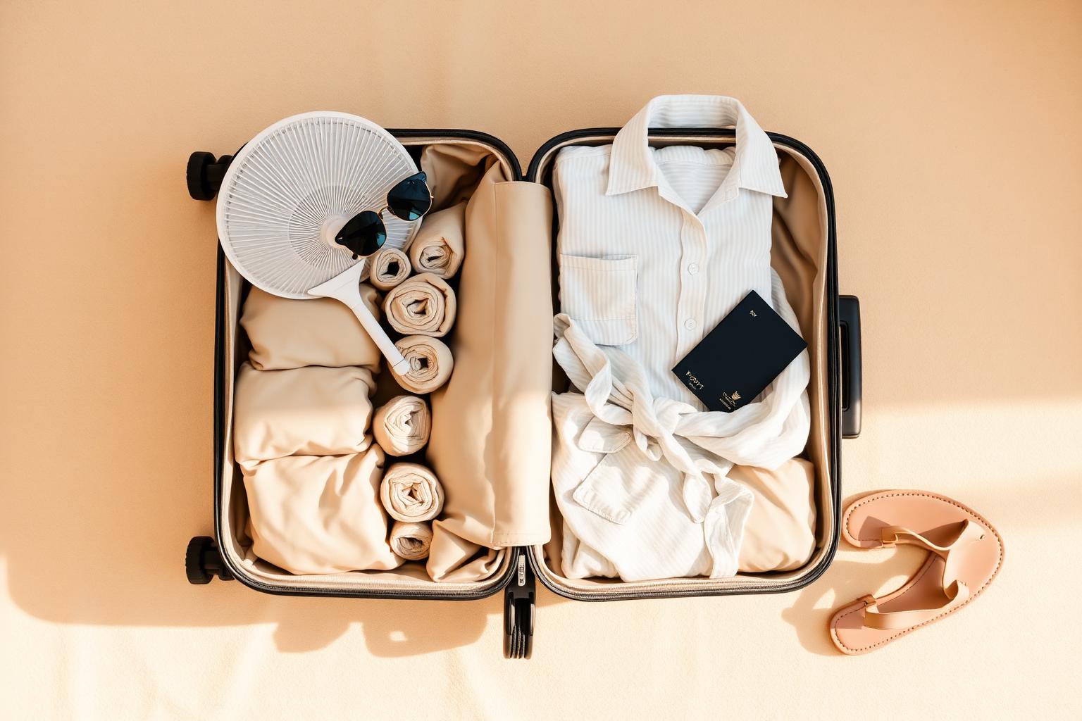 Open carry-on suitcase neatly packed with rolled clothes, packing cubes and travel essentials
