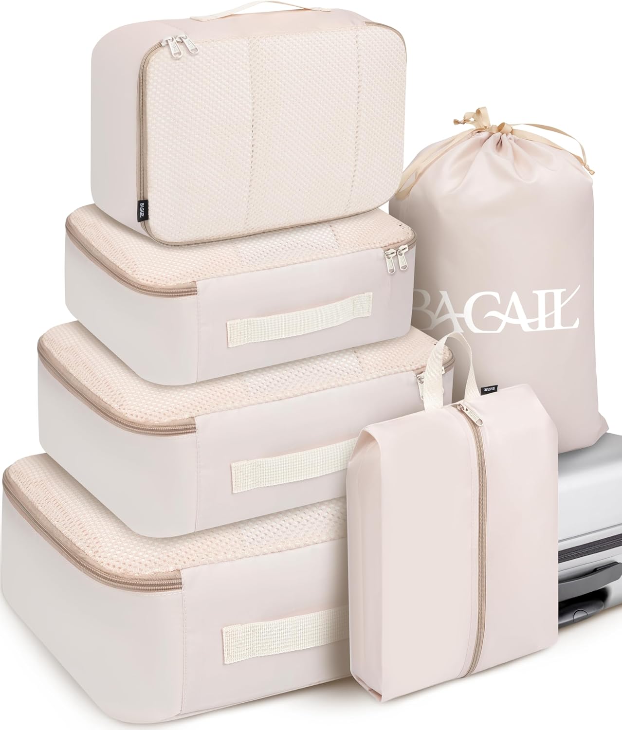 BAGAIL six-piece packing cubes set in assorted sizes for organizing carry-on luggage